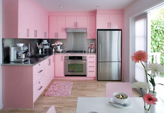 Дизайн розовой кухни в интерьере